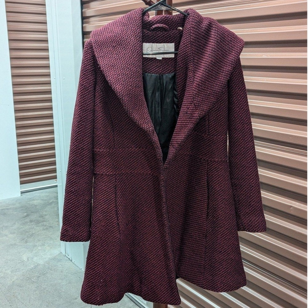 Old Money Burgundy Wool Blend Shawl Coat Oversize Quiet Luxury Jessica Simpson M